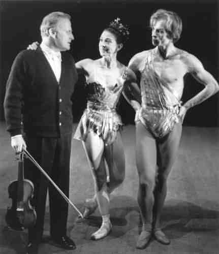 Yehudi Menuhin Margot Fonteyn and Rudolf Nureyev on the stage of the 
